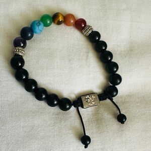 Multicolored Healing Lava Stone Adjustable 7 Chakras Bracelet W Silver Accents